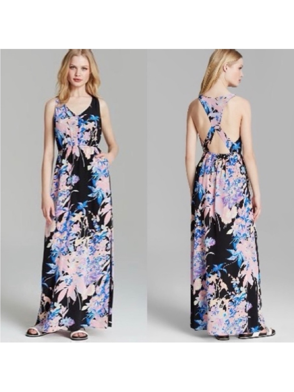Yumi Kim Molly Black Floral Racerback Maxi Dress Pockets S